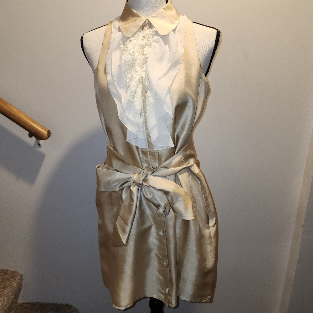 Twelve By Twelve Elegant Gold Silk Button Down Dress Blouse with Lace Detail S